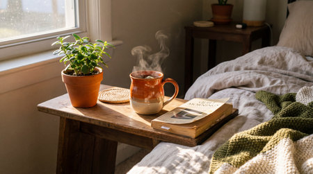 A cozy morning scene on a wooden bedside table, showcasing a steaming ceramic mug of tea, a paperback book, and a green plant in a terracotta pot.の写真素材
