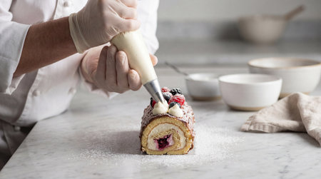 A professional baker, wearing white gloves and a chef's jacket, meticulously decorates a log-shaped cake roll.の写真素材