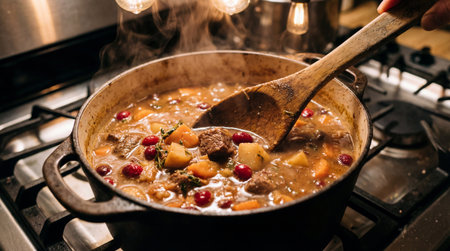 A person stirs a steaming stew in a rustic cast iron pot, placed on a gas stove. The hearty dish includes generous chunks of meat, potatoes, carrots, and vibrant red cranberries, garnished with fresh.の写真素材