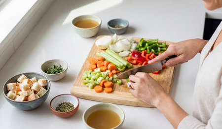 Woman's hands meticulously chopping colorful carrots, celery, onions, and bell peppers on a wooden cutting board.の写真素材