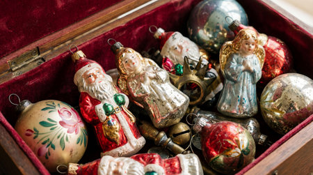 Antique Christmas ornaments filling a velvet-lined wooden box, showcasing intricate blown glass figures and hand-painted baubles.の写真素材