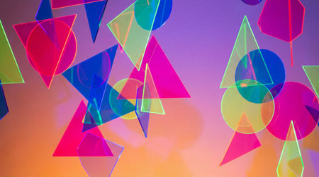 An abstract arrangement features numerous translucent geometric shapes, including triangles, circles, and hexagons, in vibrant neon colors.の写真素材