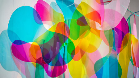 A vibrant abstract composition features numerous overlapping translucent plastic sheets. Bright hues of blue, pink, yellow, green, and orange blend together, creating a rich spectrum of secondary.の写真素材