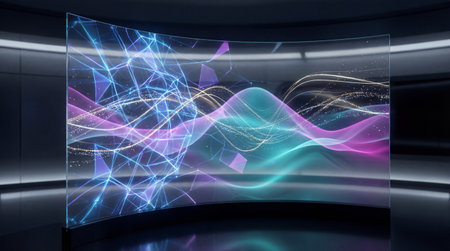 A curved transparent screen displays a vibrant abstract digital visualization. Glowing blue and purple lines form a complex network, intermingling with flowing teal, magenta, and white wavy patterns.の写真素材
