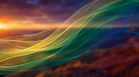 Abstract flowing waves of light showcase a vibrant gradient from warm yellow and green to cool teal and blue hues.の写真素材