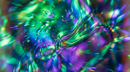 A vibrant abstract background displays flowing waves of iridescent green, blue, and purple light. The dynamic surface creates a mesmerizing holographic effect with shimmering reflections.の写真素材