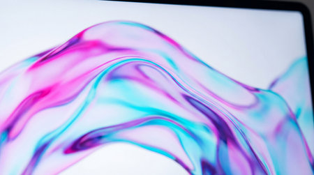 A close-up view of a digital screen displaying a dynamic abstract pattern. Vibrant pink, purple, and...