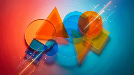 A vibrant abstract composition with overlapping translucent geometric shapes in orange, blue, and yellow.の写真素材