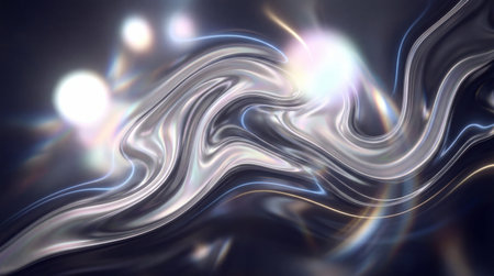 A shimmering liquid metal surface displays a captivating array of iridescent light reflections and dynamic swirling patterns.の写真素材