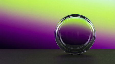 A transparent glass sphere rests on a dark, flat surface, capturing the vivid transition of a lime green and deep purple gradient background within its reflective surface.の写真素材