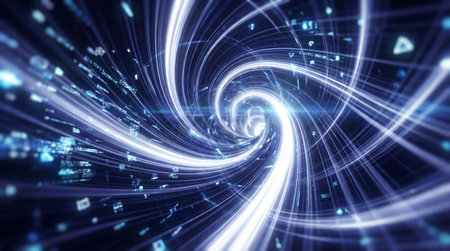 A dynamic, swirling tunnel of bright blue and white light creates a sense of rapid movement and data...