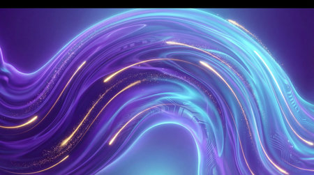 Vibrant abstract background with fluid, undulating waves in purple and blue-green. Golden light...