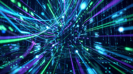 Vibrant blue, green, and purple light trails illuminate a complex digital circuit board, creating an...