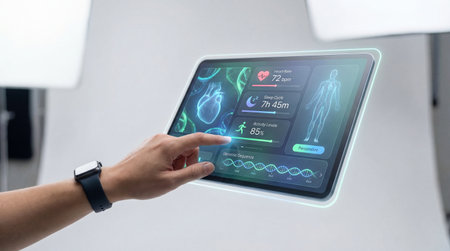 A person's hand, wearing a smartwatch, interacts with a futuristic transparent tablet displaying various health metrics.の写真素材