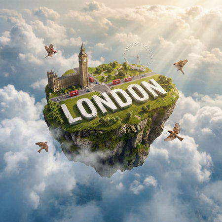 Surrealistic fantasy on the theme of London. A surreal London island floats above clouds, showcasing Big Ben, Houses of Parliament, and the London Eye.の写真素材