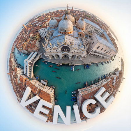 Surrealistic fantasy on the theme of Venice. Aerial fisheye view of Venice, Italy, with Grand Canal,...