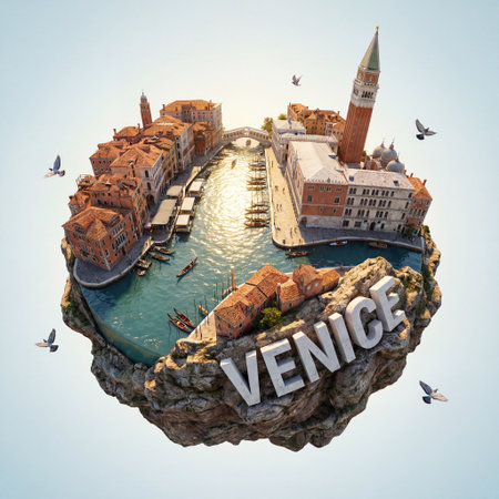 Surrealistic fantasy on the theme of Venice. A miniature floating island shows Venice's Grand Canal,...