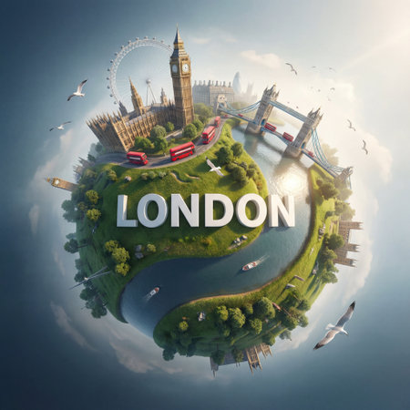 A surreal fantasy on the theme of London. London's iconic landmarks, Big Ben, London Eye, and Tower...