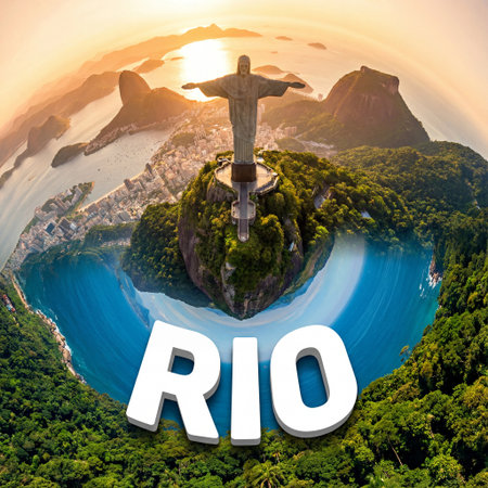 A surreal fantasy on the theme of Rio de Janeiro. Christ the Redeemer statue stands on Corcovado...