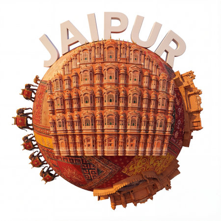 A vibrant spherical composition displaying Jaipur, India. The Hawa Mahal wraps around the globe,...