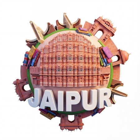 Stylized miniature world of Jaipur, India, featuring its famous Hawa Mahal, Jantar Mantar, and...