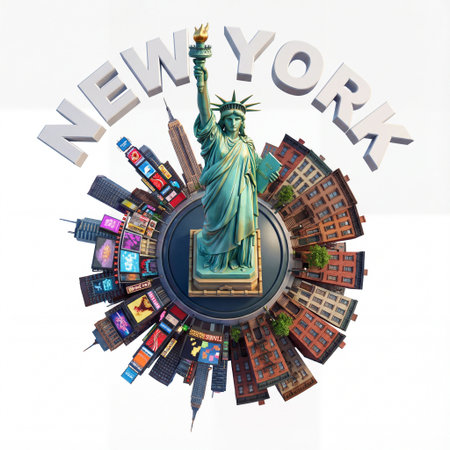 Stylized miniature New York City globe showcasing the Statue of Liberty, Times Square billboards,...