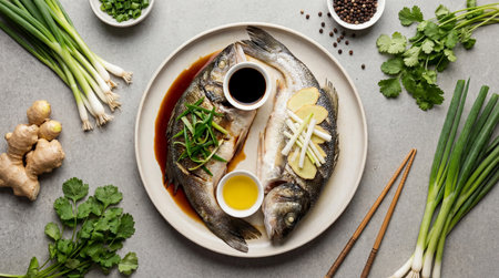 Two whole steamed fish are arranged on a light-colored oval plate, generously topped with fresh ginger slices and vibrant green onions, creating an appetizing presentation.の写真素材