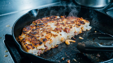 A steaming piece of fried turnip cake, known as lo bak go, cooks in a hot cast iron pan. The savory...