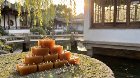 Amber osmanthus jelly candies are stacked on a mossy stone, adorned with dried flowers. A Chinese...