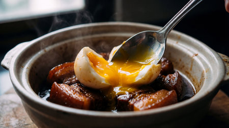 A spoon breaks into a soft-boiled egg, releasing its vibrant, runny yolk over succulent pieces of...