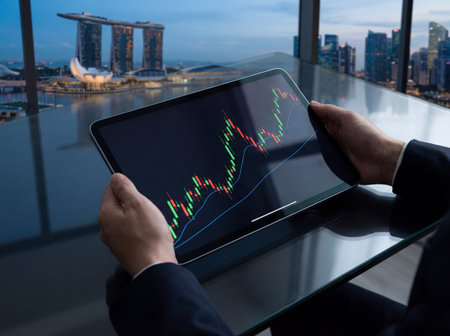 Businessman holding a tablet, analyzing financial candlestick charts and graphs. The device reflects...