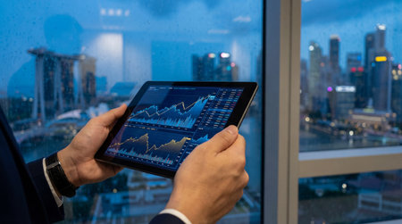 Businessman in a suit holding a tablet, analyzing financial charts and market data. He stands by a...