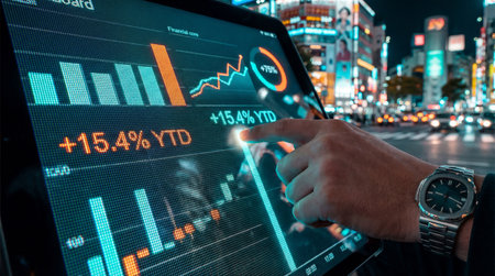 Close-up of a tablet screen displaying a financial dashboard with moving bars and percentages. A...