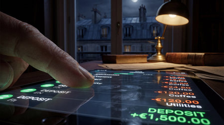 A person's finger interacts with a digital tablet displaying a financial application with...