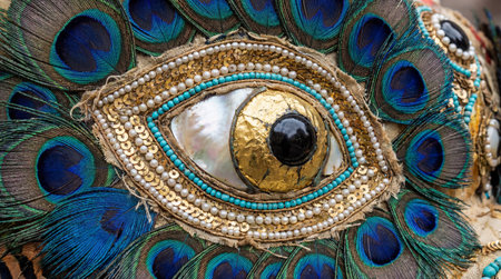 Extreme close up of a dragon dance puppet's eye, with intricate gold leaf, shimmering sequins, vibrant blue peacock feathers, and pearls. Detailed texture highlights traditional costume craftsmanship.の写真素材