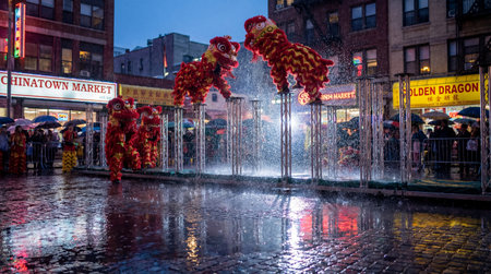 Dynamic lion dance performance with two red and gold costumed figures on elevated platforms, enveloped in a fine water spray.の写真素材