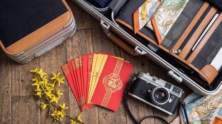 Overhead flat lay of travel essentials. Open suitcase, black and tan leather, silver hardware, map...
