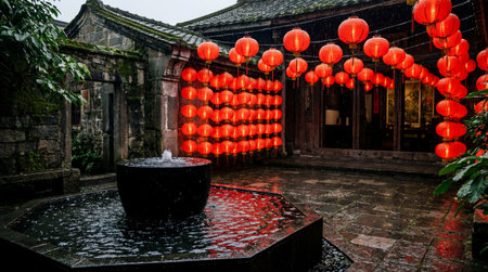Numerous vibrant red lanterns illuminate a traditional stone courtyard during a rainy evening. The...