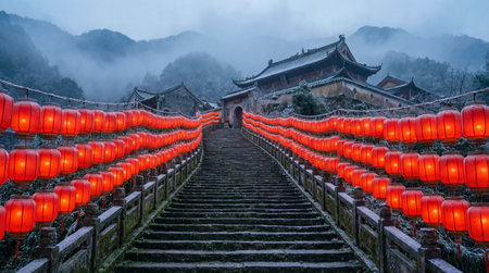 A majestic traditional temple entrance features a long stone staircase, flanked by rows of vibrant red lanterns, leading to an ancient building.の写真素材