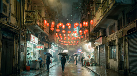 A bustling Asian street at night, illuminated by glowing red lanterns. Pedestrians navigate wet, reflective pavement with umbrellas amidst steam from food stalls, creating a vibrant, atmospheric.の写真素材