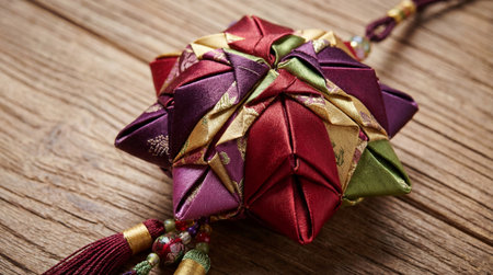 An intricately folded traditional fabric ornament, showcasing a star shape with vibrant red, purple, gold, and green textile pieces.の写真素材