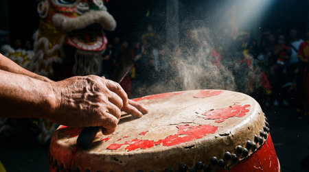 Wrinkled hands of an elder striking the worn, red and beige drumhead, sending fine dust particles into the air, illuminated by bright light.の写真素材