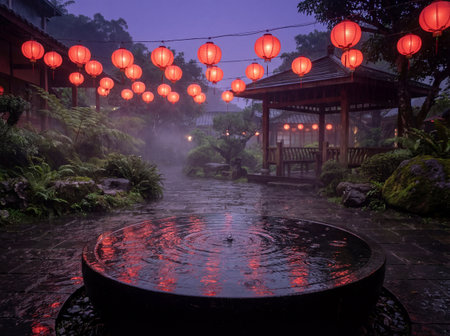 A traditional garden at twilight, illuminated by glowing red paper lanterns. Misty rain creates a...