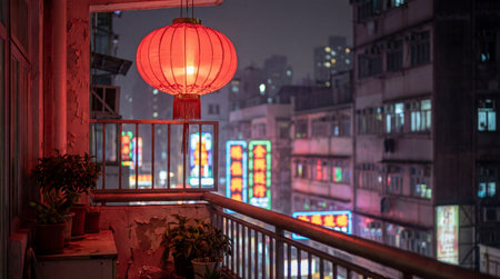 A vibrant red Chinese lantern hangs prominently from a weathered urban balcony, casting a warm glow. Its intricate fabric and tassel details are visible, contrasting with the city's neon lights.の写真素材