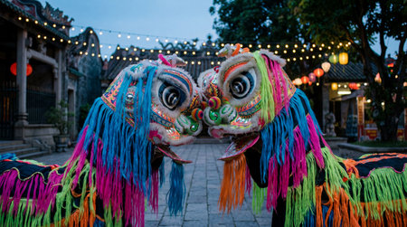 Two intricately crafted lion dance heads, adorned with vibrant blue, pink, green, and orange fringes, face each other.の写真素材