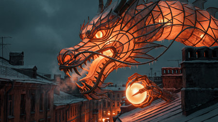 An illuminated dragon sculpture, constructed from a bamboo framework and translucent fabric, emits a warm orange glow. Its intricate form is adorned with icicles, highlighting the cold winter setting.の写真素材