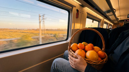A traveler holds a woven basket brimming with fresh oranges and grapefruits, enjoying golden hour light through a train window. Rural fields and power lines pass by, highlighting a serene journey.の写真素材
