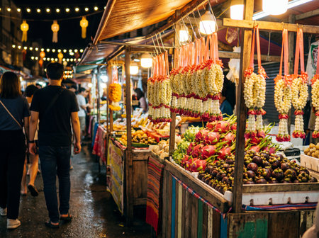 A vibrant night market, illuminated by warm string lights and lanterns, showcases stalls laden with colorful tropical fruits like dragon fruit and mangosteen.の写真素材