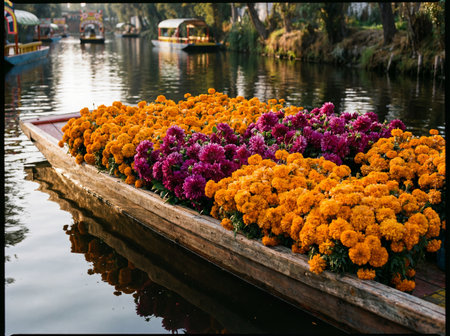 A traditional wooden boat, adorned with vibrant orange marigolds and deep purple dahlias, floats serenely on a calm canal.の写真素材