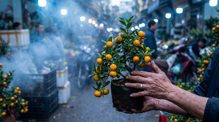Weathered hands of an elderly person carefully cradle a small, potted kumquat tree, its branches...